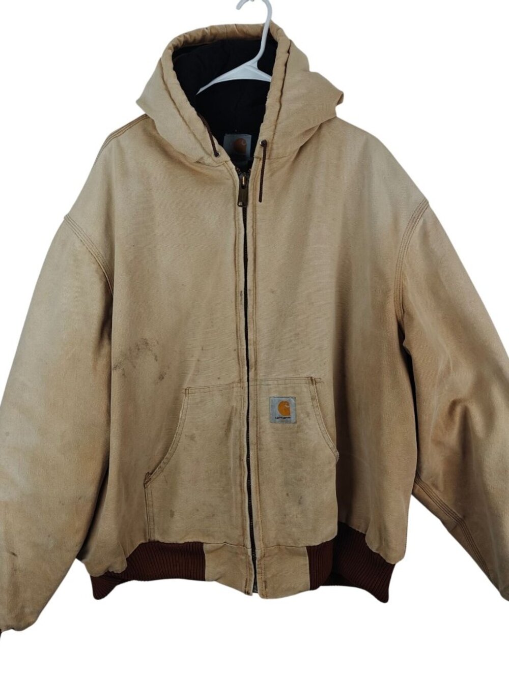 Vintage Carhartt Men's Duck Active Jacket Tan w/Hood Full Zip Size M/L Warm